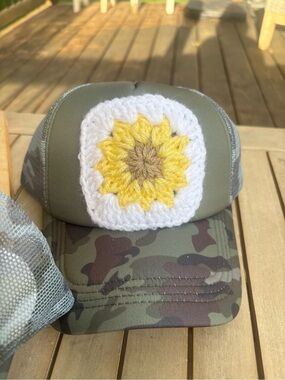 Camo Trucker Hat with Crochet Sunflower Patch